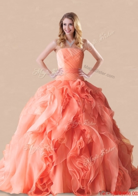 Low Price Brush Train Orange Red Quinceanera Dress in Rolling Flowers