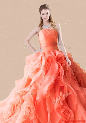 Low Price Brush Train Orange Red Quinceanera Dress in Rolling Flowers