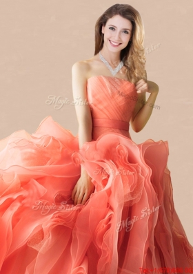 Low Price Brush Train Orange Red Quinceanera Dress in Rolling Flowers