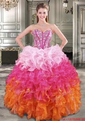 Beautiful Gradient Color Big Puffy Quinceanera Dress with Beading and Ruffles