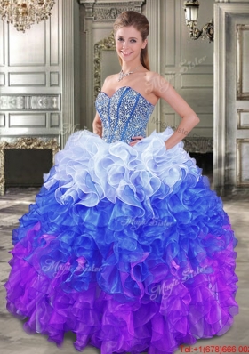 Beautiful Gradient Color Big Puffy Quinceanera Dress with Beading and Ruffles