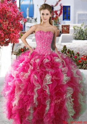 Beautiful Rose Pink and White Organza Sweet 16 Dress with Beading and Ruffles