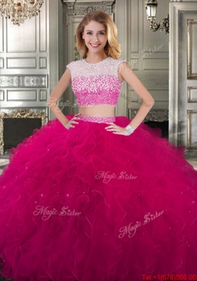 Cheap Two Piece Scoop Cap Sleeves Backless Quinceanera Dress in Fuchsia