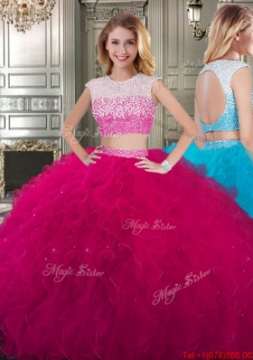 Cheap Two Piece Scoop Cap Sleeves Backless Quinceanera Dress in Fuchsia