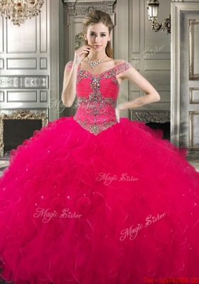 Discount Off the Shoulder Cap Sleeves Beaded Quinceanera Gown in Wine Red