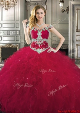 Discount Off the Shoulder Cap Sleeves Beaded Quinceanera Gown in Wine Red