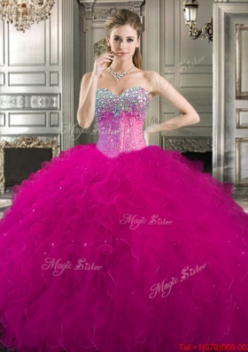 Fashionable Beaded and Ruffled Tulle Quinceanera Dress in Fuchsia
