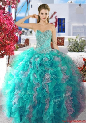 Latest Beaded and Ruffled Fuchsia and White Quinceanera Dress in Organza