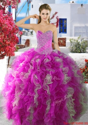 Latest Beaded and Ruffled Fuchsia and White Quinceanera Dress in Organza