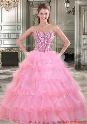 New Style Organza Rose Pink Sweet 16 Dress with Beading and Ruffled Layers