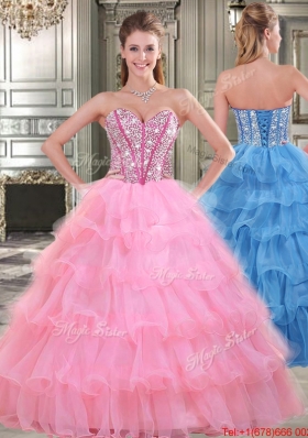 New Style Organza Rose Pink Sweet 16 Dress with Beading and Ruffled Layers