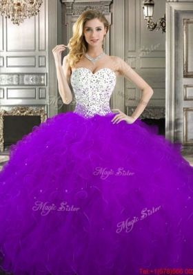 Unique Beaded and Ruffled Tulle Quinceanera Gown in Purple and White