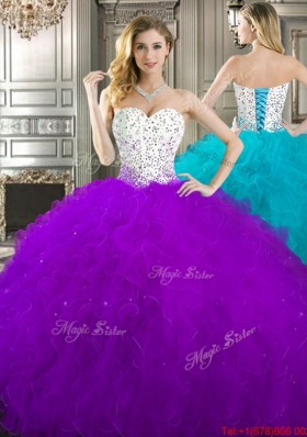 Unique Beaded and Ruffled Tulle Quinceanera Gown in Purple and White