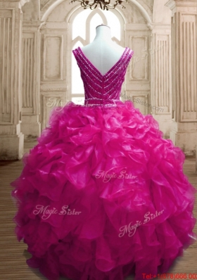 Exclusive Deep V Neckline Beaded and Ruffled Fuchsia Sweet 16 Dress