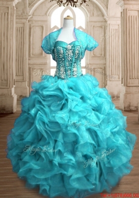 New Beaded and Ruffled Teal Quinceanera Gown in Organza