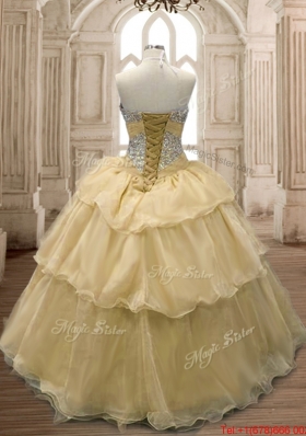 New Beaded Bodice and Ruffled Champagne Sweet 15 Dress in Organza