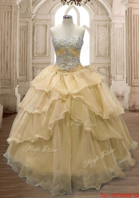 New Beaded Bodice and Ruffled Champagne Sweet 15 Dress in Organza
