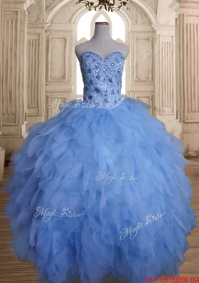 Simple Tulle Blue Sweet 16 Dress with Beading and Ruffles