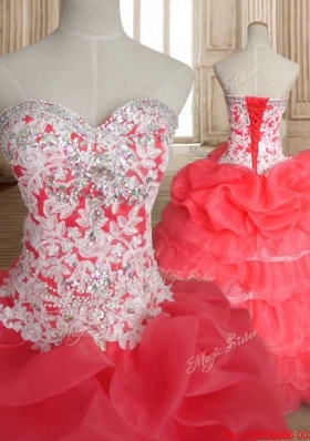 Best Selling Beaded and Ruffled Layers Coral Red Quinceanera Dress in Organza