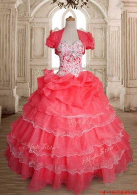 Best Selling Beaded and Ruffled Layers Coral Red Quinceanera Dress in Organza