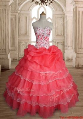 Best Selling Beaded and Ruffled Layers Coral Red Quinceanera Dress in Organza