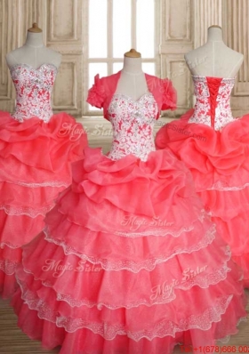 Best Selling Beaded and Ruffled Layers Coral Red Quinceanera Dress in Organza