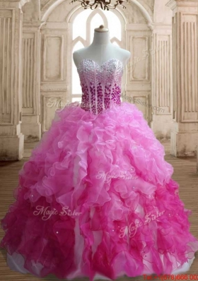 Cute Visible Boning Beaded Bodice and Ruffled Rainbow Colored Quinceanera Gown