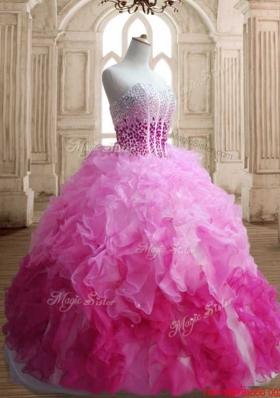 Cute Visible Boning Beaded Bodice and Ruffled Rainbow Colored Quinceanera Gown