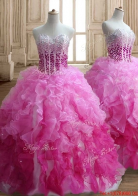 Cute Visible Boning Beaded Bodice and Ruffled Rainbow Colored Quinceanera Gown