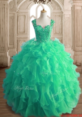 Discount Beaded and Ruffled Lace Up Spring Green Quinceanera Dress for Spring