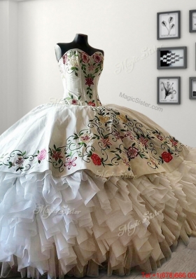 Discount Embroideried and Ruffled White Quinceanera Dress in Organza and Taffeta