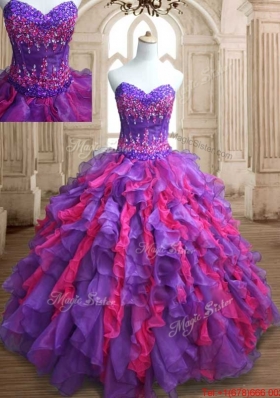 Elegant Purple and Hot Pink Quinceanera Dress with Appliques and Ruffles