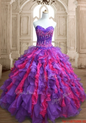 Elegant Purple and Hot Pink Quinceanera Dress with Appliques and Ruffles