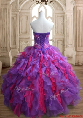 Elegant Purple and Hot Pink Quinceanera Dress with Appliques and Ruffles