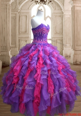 Elegant Purple and Hot Pink Quinceanera Dress with Appliques and Ruffles