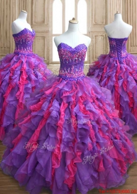 Elegant Purple and Hot Pink Quinceanera Dress with Appliques and Ruffles