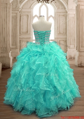 Exclusive Beaded and Ruffled Turquoise Sweet 15 Dress in Organza