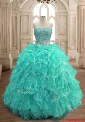 Exclusive Beaded and Ruffled Turquoise Sweet 15 Dress in Organza