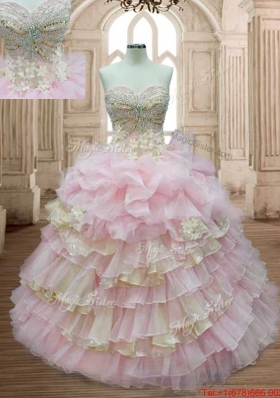 Fashionable Baby Pink and Yellow Quinceanera Dress with Appliques and Ruffled Layers