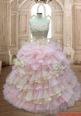 Fashionable Baby Pink and Yellow Quinceanera Dress with Appliques and Ruffled Layers