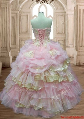 Fashionable Baby Pink and Yellow Quinceanera Dress with Appliques and Ruffled Layers