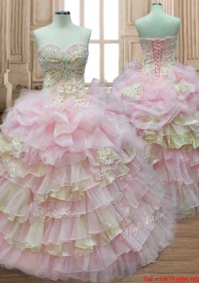Fashionable Baby Pink and Yellow Quinceanera Dress with Appliques and Ruffled Layers