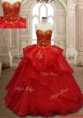 Hot Sale Ruffled Layers and Applique Red Sweet 16 Dress in Organza