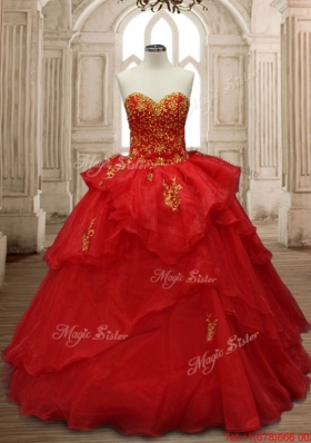 Hot Sale Ruffled Layers and Applique Red Sweet 16 Dress in Organza