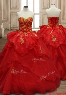 Hot Sale Ruffled Layers and Applique Red Sweet 16 Dress in Organza