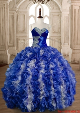 Latest Really Puffy Beaded and Ruffled Blue and White Quinceanera Gown
