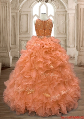 Lovely See Through Scoop Ruffled Orange Quinceanera Dress in Organza