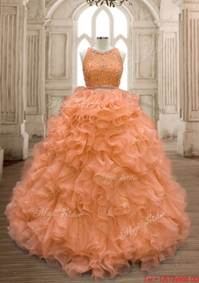 Lovely See Through Scoop Ruffled Orange Quinceanera Dress in Organza