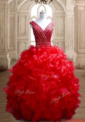 Luxurious Beaded and Ruffled Red Quinceanera Dress with Deep V Neckline