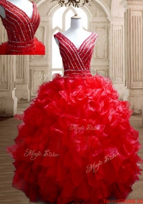 Luxurious Beaded and Ruffled Red Quinceanera Dress with Deep V Neckline